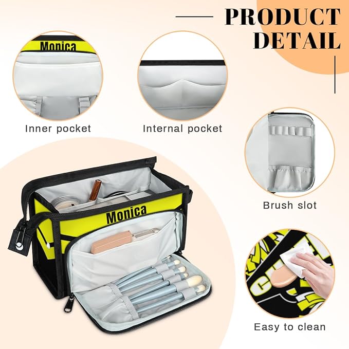 Custom-Makeup-Bag Personalized Travel Toiletry Bag Text Customized Cheer Makeup Bags Cosmetic Bags for Women With Divider & Handle Yellow