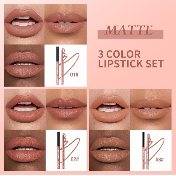 Matte Lip Liner Pencil Set, 12 Colors, Waterproof, Smudge-Proof, Long-Lasting, Semi-Glossy Finish for Defining, Contouring (1#, 3Count (Pack of 1))