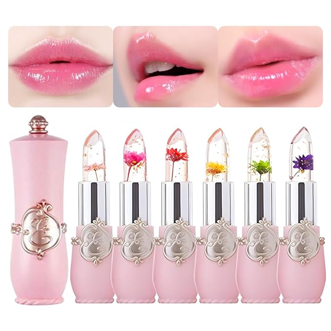 BINGBRUSH 6Pcs Color Changing Lipstick,Pink Crystal Flower Jelly PH Mood Long Lasting Labiales Lip Care Moisturizer Lip Balm Korean Magic Lip Gloss 24 Hours Lip Tinted Stain Makeup Set for Women