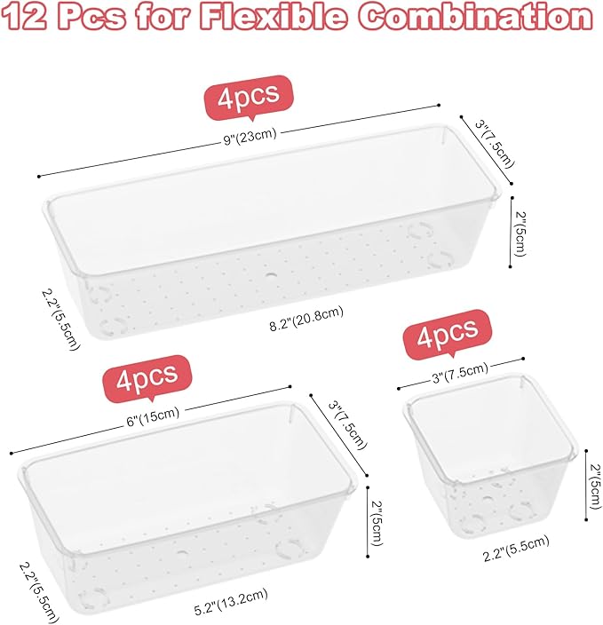 12 PCS Plastic Drawer Organizer Set, Sturdy 3-Size Makeup Vanity Desk Drawer Organizer Trays and Storage Bins for Cosmetics, Junk and Gadgets – Ideal for Bathroom, Bedroom, Office and Kitchen