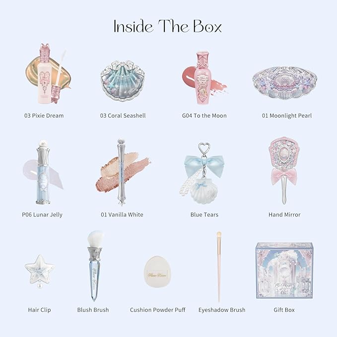 Flower Knows Shell’s Jewel 13-Piece Makeup Gift Box Set,Lip Gloss×2+Blush×1+ Eyeshadow Palette×1+Highlighter×3+Hand Mirror×1+Hair Clip×1+Mini Powder Puff×1+Blush Brush×1+Eyeshadow Brush×1+Gift Box×1