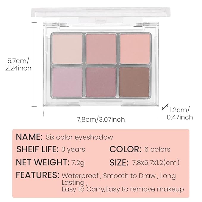 6Colors Glitter Matte Eyeshadow Palette, Natural Nude Brown Purple Coffee Shimmer Sparkly Eye Shadow Makeup, Warm Pastel Eyeshadows Palette, Long Lasting, Natural-Looking Women Girls Eye Shadow 01