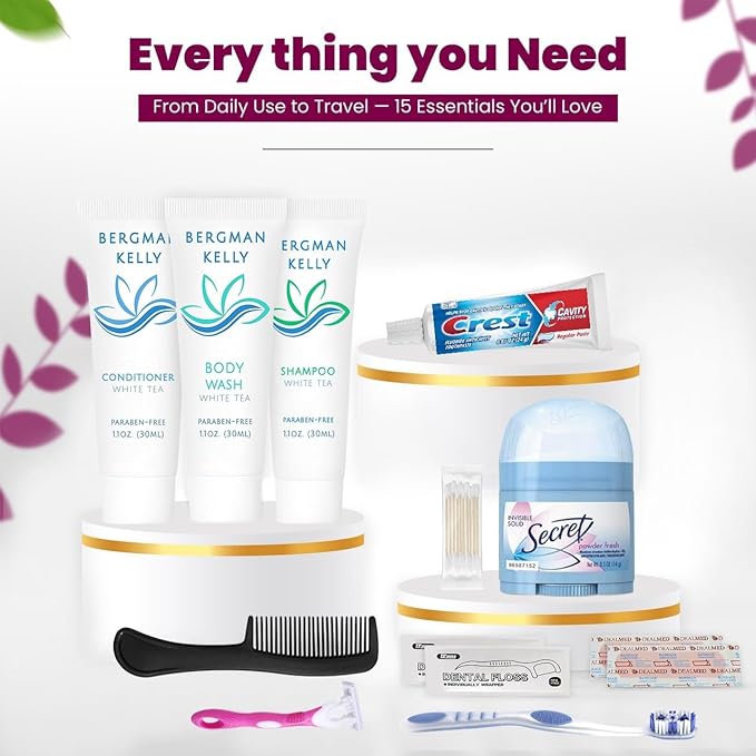 Trektote Bulk Hygiene Kit For Women – (50 Pack) 12 Piece Set Of Travel Size Toiletries, TSA Compliant, Bulk Travel Essentials, Includes Shampoo And Conditioner, Body Wash, Toiletry Bag & More