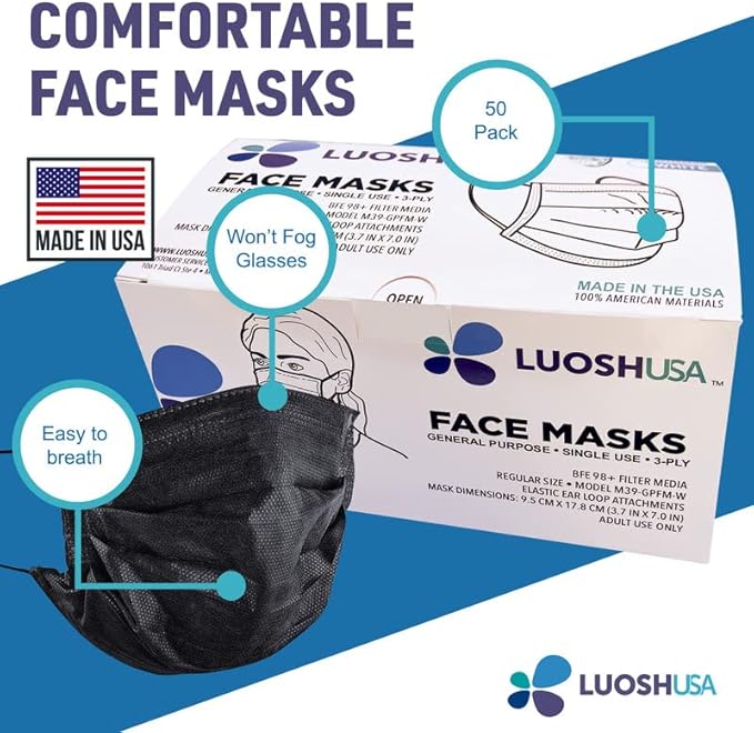 Luosh Face Masks Disposable Made in USA, 3 Ply Disposable Masks 50pcs,Adult Mask, Kids Mask, Black Masks, White Masks
