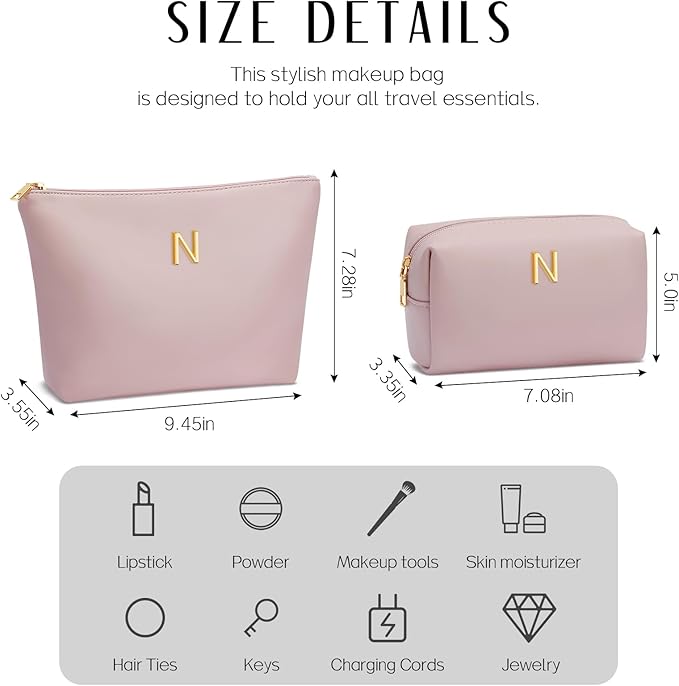 Women Gifts | Initial Makeup Bag Set for Girl Personalized Gifts for Bridesmaid Friend Graduation Teachers PU Leather Cosmetic Travel Toiletry Bag(Pink,N)