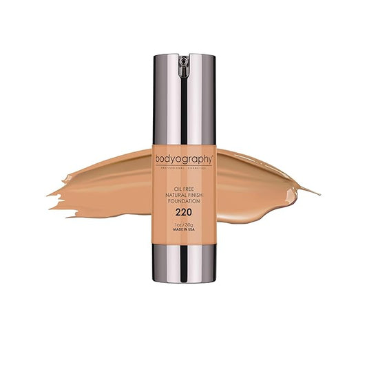 BODYOGRAPHY Natural Finish Foundation (Medium/Dark/Cool #220) | Oil-Free, Anti-Aging Salon Foundation with Vitamin E & C | Photo-Ready, Skin-Perfecting Coverage | Vegan, Gluten-Free, Paraben-Free