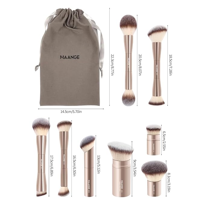 MAANGE 8 Pcs Makeup Brushes with Bag, Double-End Multi-functional Makeup Brushes for Blending Liquid Powder Concealer Cream Blush Buffe (Gold)