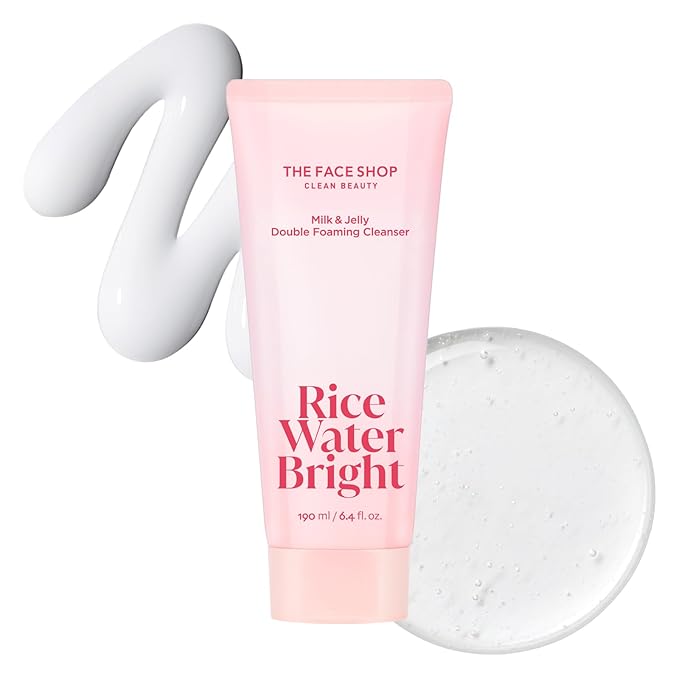 The Face Shop Rice Water Bright Double Foaming Cleanser, 2-in-1 Milky and Jelly Texture, Gentle Face Wash for Hydrating & Moisturizing, Makeup Remover, Korean Skin Care, Vegan, 6.4 fl. oz.