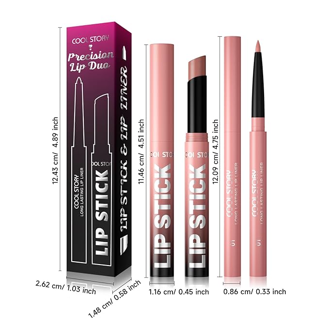 COOL STORY 2 Piece Lip Liner and Lipstick Set, Long Lasting Formula, Professional Makeup Kit (01)