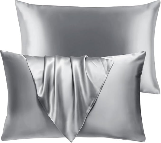 BHZ Satin Goose Down Feather Pillows King Size Set of 2 with Satin Pillowcase for Hair and Skin, Cooling Pillow Cases Similar to Silk Pillow Cases, Christmas Decorative Gifts for Women, Mom Men, Grey