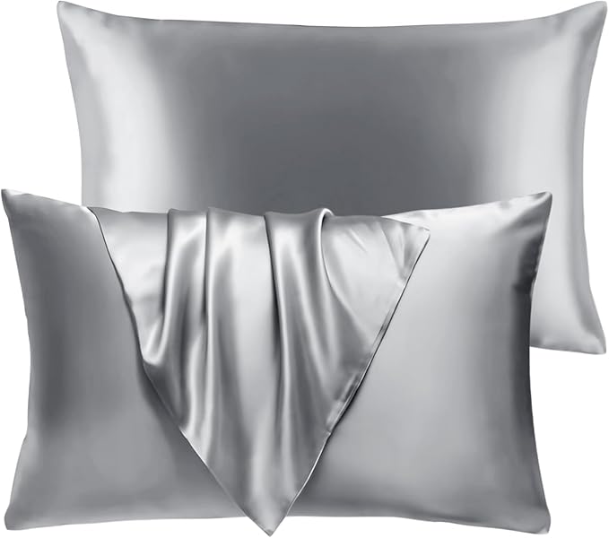 BHZ Satin Goose Down Feather Pillows Standard Size Set of 2 with Satin Pillowcase for Hair and Skin, Cooling Pillow Cases Similar to Silk Pillow Cases, Christmas Decor Gifts for Women, Mom Men, Grey