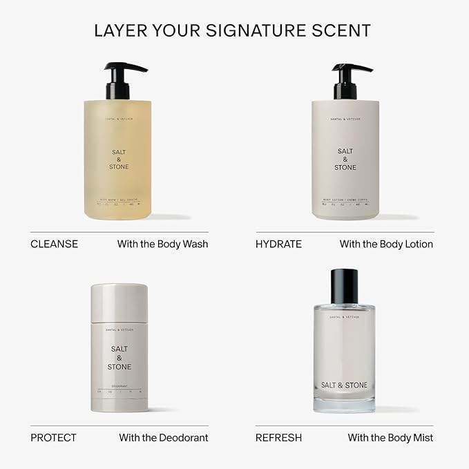 Salt & Stone Body Mist, Santal & Vetiver Scent, Skincare Infused Perfume Hair & Body Spray for Women and Men, Hydrating Fragrance with Glycerin and Red Algae, Vegan, Cruelty Free, 3.4 fl oz