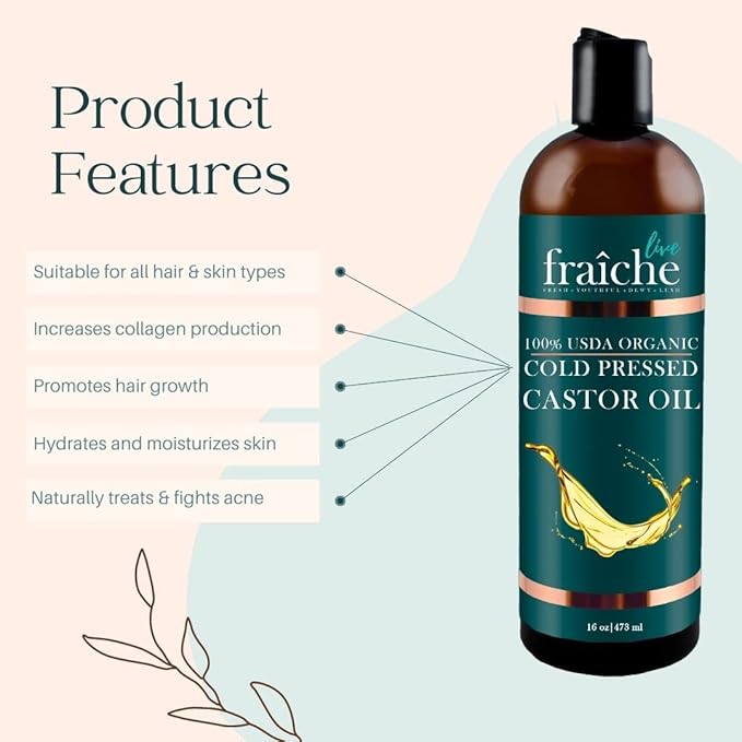 Live Fraiche Organic Castor Oil (16oz) + Filled Mascara Tube - 100% Pure Hexane Free Cold Pressed Castor Oil for Skin and Face - Hair Growth for Eyelashes and Eyebrows Scalp & Hair Treatment Oil