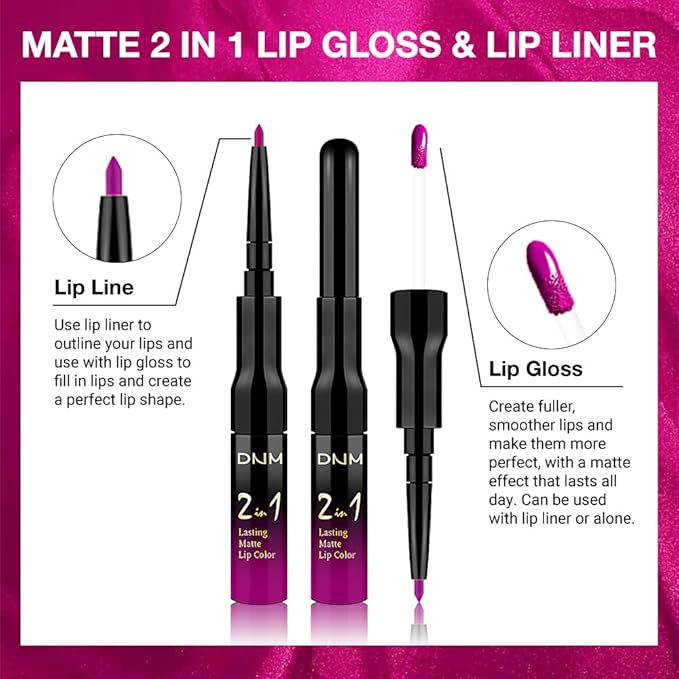 1Pcs 2 in 1 Hot Pink Matte Lip Liner and Liquid Lipstick Stain Makeup Set for women, Hot Pink Long Lasting Smudge Proof Lip Tint Matte Finish Lip Gloss for All-Day Color Hold Easy to Use 59#
