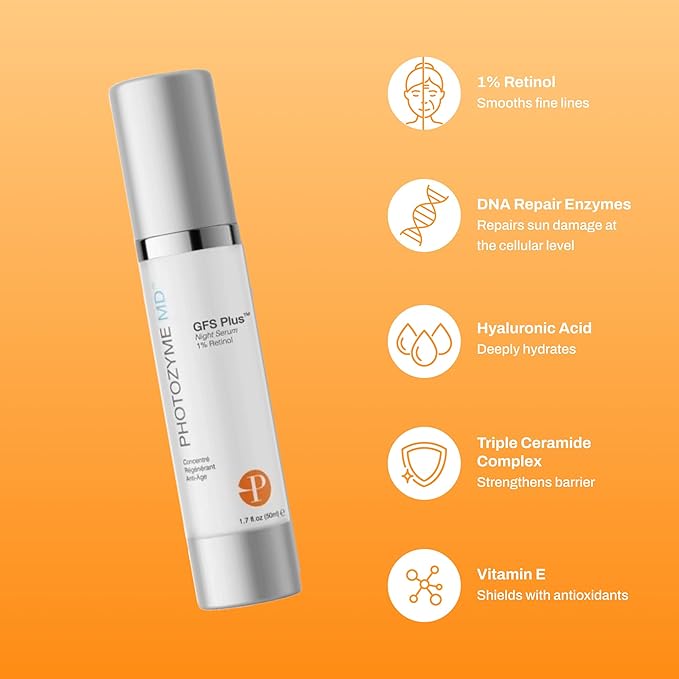 Photozyme DNA Repair Enzymes GFS Plus Facial Night Serum | 1% Retinol for Aging Skin, Beauty Skincare Treatment for Fine Lines, Wrinkles, Acne Scars | UV Dark Spot Corrector, Non Irritating | 1.7