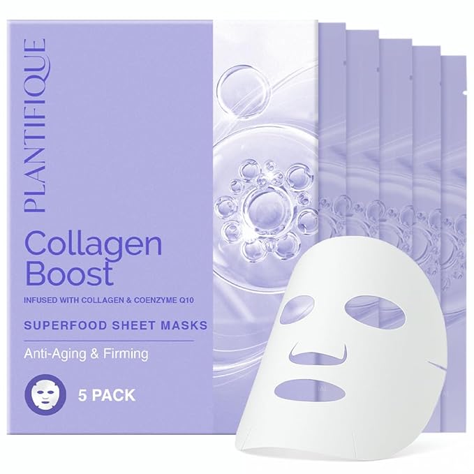 PLANTIFIQUE Facial Sheet Mask Collagen Boost 5 Pack – Anti-Aging & Firming Face Mask Sheets with Collagen, Coenzyme Q10 & Blueberries – Korean Skincare for a Smooth, Revitalized Look