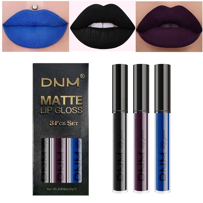 AMY'S DIARY 3Pcs Matte Liquid Lipstick Sets, Blue Dark Black Purple Matte Lipstick Lip Stain Long Lasting 24 Waterproof Lip Gloss Gift Set for Women Lippies (07)