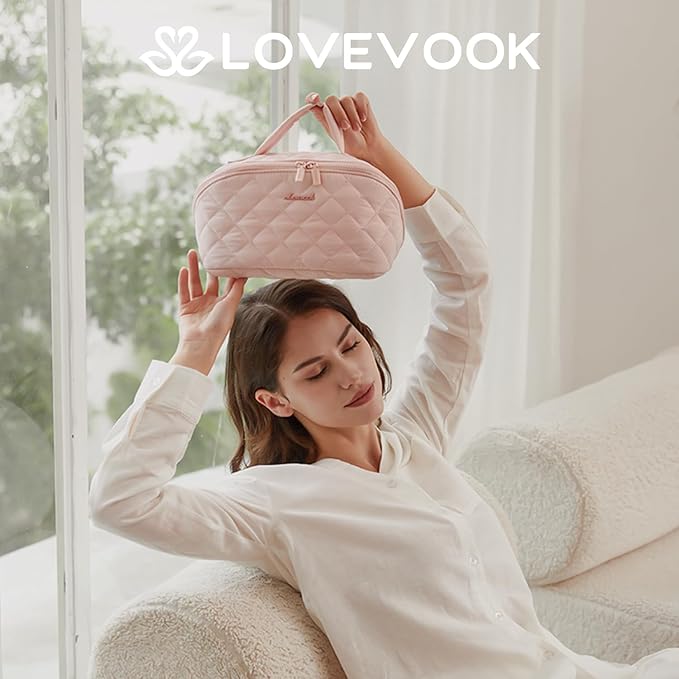 LOVEVOOK Travel Makeup Bag for Women, 2Pcs Set Puffer Waterproof Cosmetic Organizer, Large Capacity Pouch Open Flat Toiletry Bag with Divider & Handle, Portable Gift for Her, Green