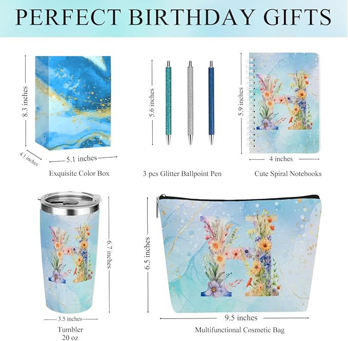 Personalized Gifts Monogrammed Birthday Gifts for Women, Bridesmaid Bachelorette Party Christmas Initial 20 oz Tumbler, Makeup Bag Cup Ballpoint Pens Journal Notebook 6 Set, (Aesthetic Blue Flower H)