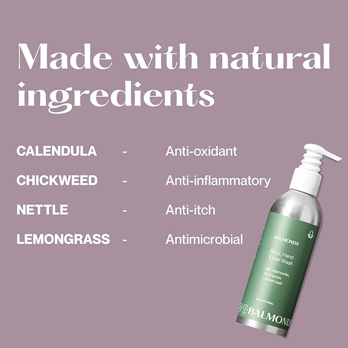 Balmonds Natural Skincare Set – Shampoo & Body Wash, Moisturizing Cream, Bath & Body Oil, and Scalp Oil – 100% Natural, Fragrance-Free, Vegan & Cruelty-Free – For Dry & Sensitive Skin