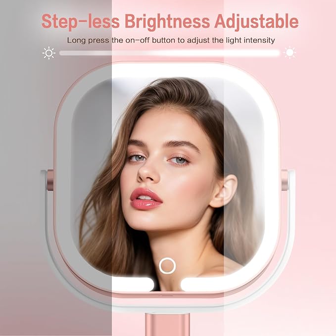 Makeup Mirror with Lights, 1X/10X Magnifying Vanity Mirror with 3 Colors, 2000mAh Rechargeable Double Sided Magnifying Mirror, Height Brightness Adjustable, 360° Rotation Vanity