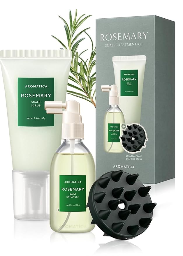 AROMATICA Rosemary Scalp Care Gift Set - Hydrating Scalp Treatment with Rosemary Enhancer, Rosemary Scalp Scrub and Dual Scalp Brush - Free from Sulfate, Silicone, and Paraben, Korean Hair Care.