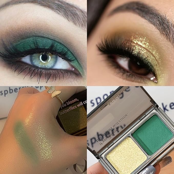 Gold Shimmer Eyeshadow Matte Green Double Colors Palette, High Pigment Eye Shadow Powder, Blendable Smooth and Texture Waterproof, Smudge-proof, Durable and Long-lasting Makeup Palette 03#