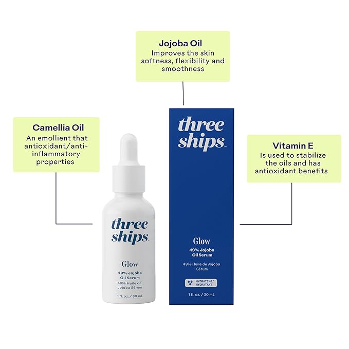 Three Ships - Glow 49% Jojoba Oil Serum | Helps Balance Skin, Control Oil, + Minimize the Look of Pores | Cruelty-Free, Vegan, Paraben-Free, Sensitive Skin Safe (1 fl oz | 30 mL)