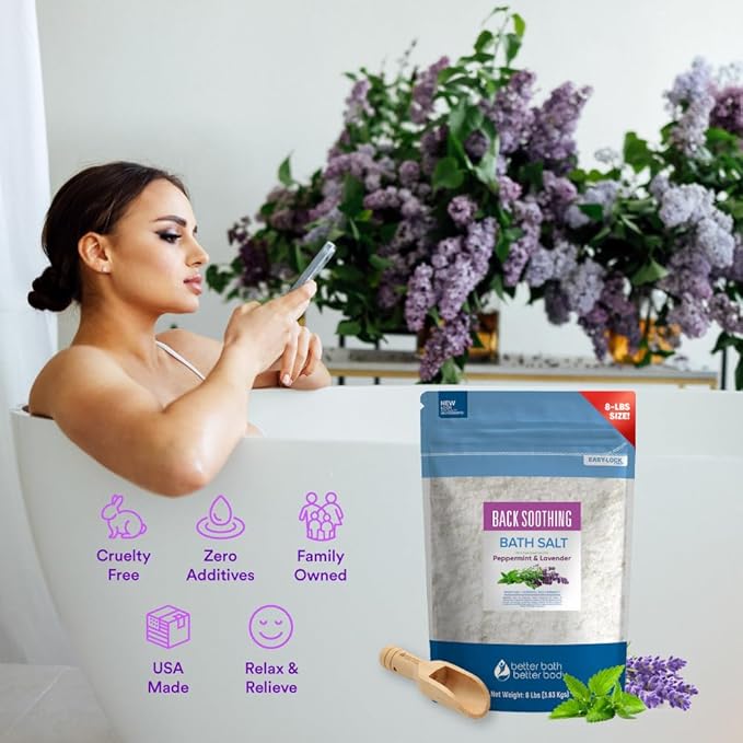 Back Soothing Bath Salt 128 Ounces (8 Lbs) USP Grade Epsom Salt with Natural Peppermint and Lavender Essential Oils Plus Vitamin C Made with Natural Ingredients