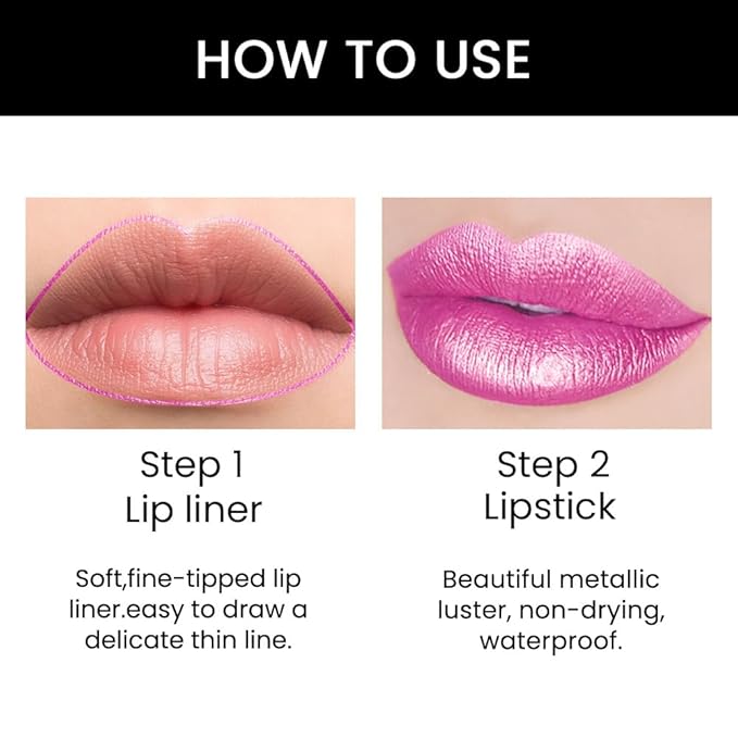 BINGBRUSH 3Pcs Double Ended Vivid Fuchsia Natural Pink Rose Metallic Lip Liner and Lipstick Makeup Combo Set for Women, Lipliner 24 Hours Original Waterproof Long Lasting Lip Stains Pencil Kit Set