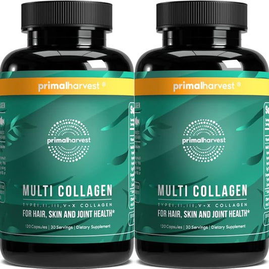 Primal Harvest 2 Pack, Multi Collagen Pills for Women and Men (Type I, II, III, V, X) Collagen Supplements for Women and Men, 120 Capsules w/Vitamin C for Hair, Skin, Nails Collagen Peptides Pills