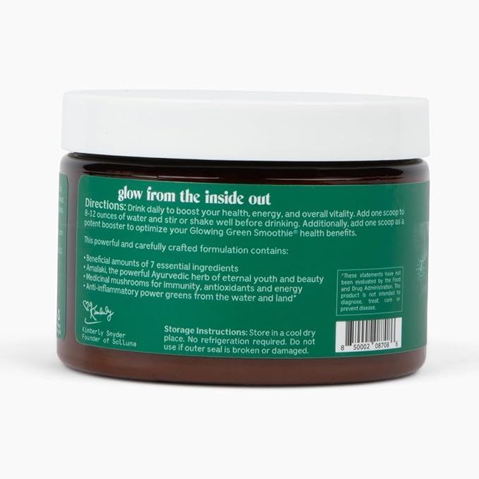 Solluna by Kimberly Snyder Greens Superfood Powder with Spirulina, Cordyceps, Chlorella, Moringa, Ashitaba, Amalaki, Monk Fruit — Vitamins & Minerals for Energy & Mood (30 Serv) Vegan & Non-GMO