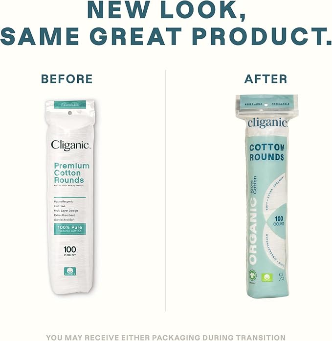 Cliganic Organic Cotton Rounds (300 Count) Makeup Remover Pads, Hypoallergenic, Lint-Free | 100% Pure Cotton (Packaging May Vary)