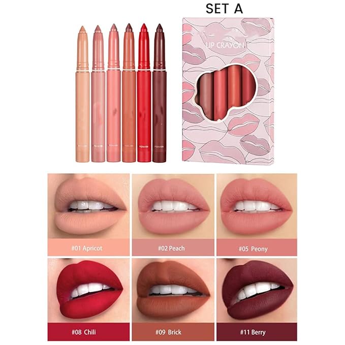 12 Colors Crayon Lipstick Set, Non-Fading Non-Stick Cup Matte Lipstick Pen Waterproof Long Lasting Velvet Lipstick Pencil Lip Liner (Set A + Set B)