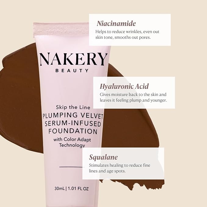 Nakery Full Coverage Foundation for Women - 5 in 1 Plumping Liquid Foundation Makeup - Serum Infused Makeup Foundation Smart Color Adapt with Niacinamide & Hyaluronic Acid for All Skin Types - Deep