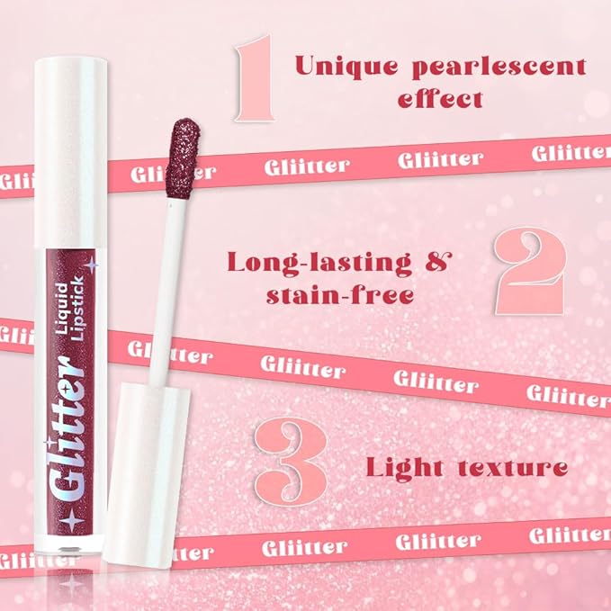 Plum Metallic Lipstick for Women,Lightweight Glitter Sparkling Liquid Lipsticks,Shimmer Lip Gloss Stain Long Lasting Waterproof Smudge Proof Non-Drying 24 Hour Full Coverage Lip Makeup,Vegan