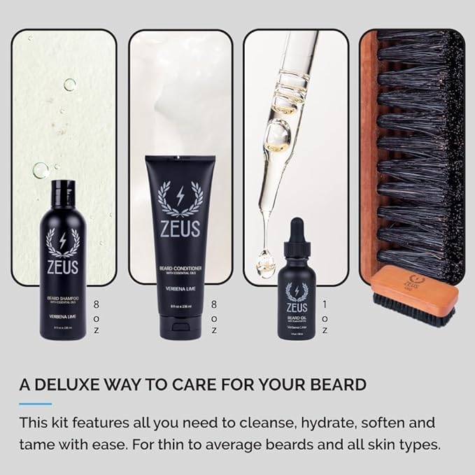 ZEUS Deluxe Men’s Beard Care Gift Set – Luxury Holiday Grooming Kit with Wash, Oil & Brush, Perfect Present for Husband, Dad or Boyfriend (Sandalwood)