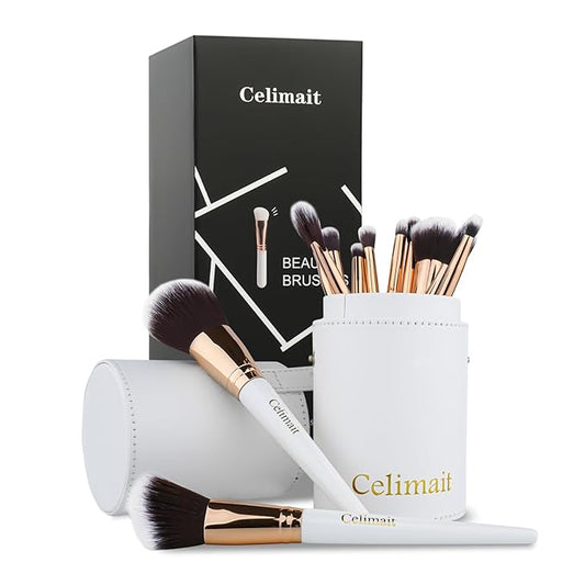 Makeup Brushes Set 12 Piece Professional & Beginner Friendly, Soft Synthetic Bristles for Face Eyeshadow Blending, Easy to Clean Travel Ready with Case, Ergonomic Wooden Handle (Dark White)