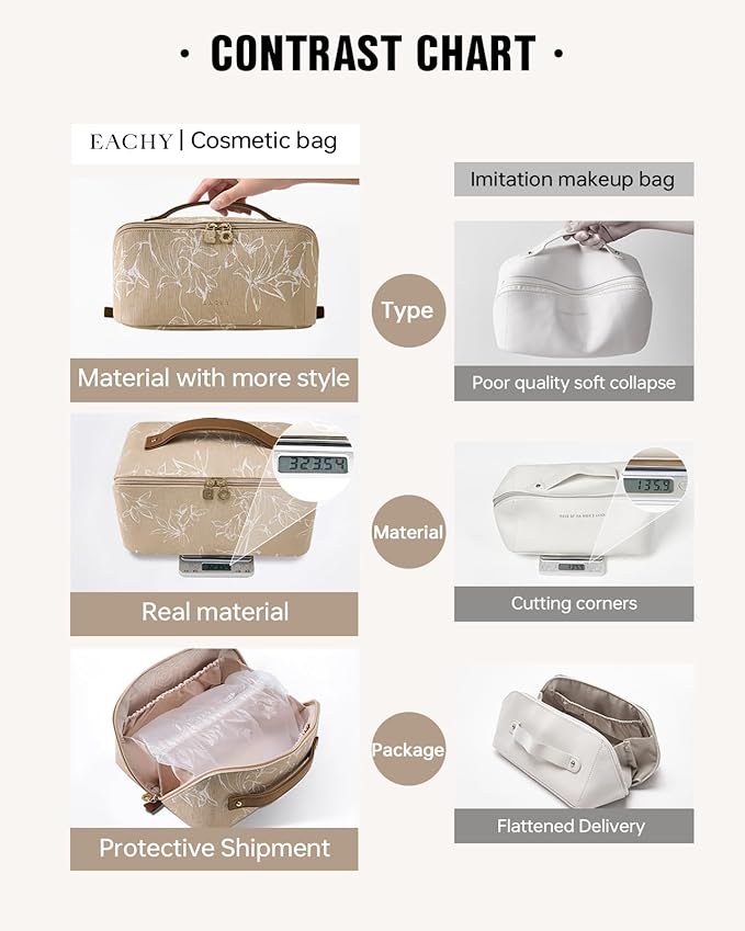 EACHY Travel Makeup Bag,Large Capacity Cosmetic Bags for Women,Waterproof Portable Pouch Open Flat Toiletry Bag Pattern Makeup Bag (F-Brown-Large)