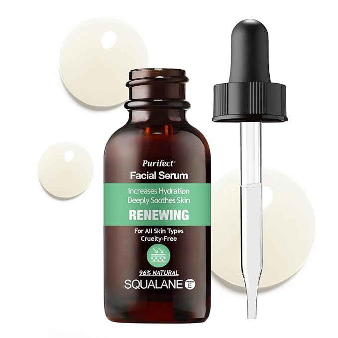 Purifect Renewing Squalane Face Serum Smooths, Softens, and Hydrates with Vitamin E & Arginine – Made in USA | Repairs Dry, Rough Skin – 30ml