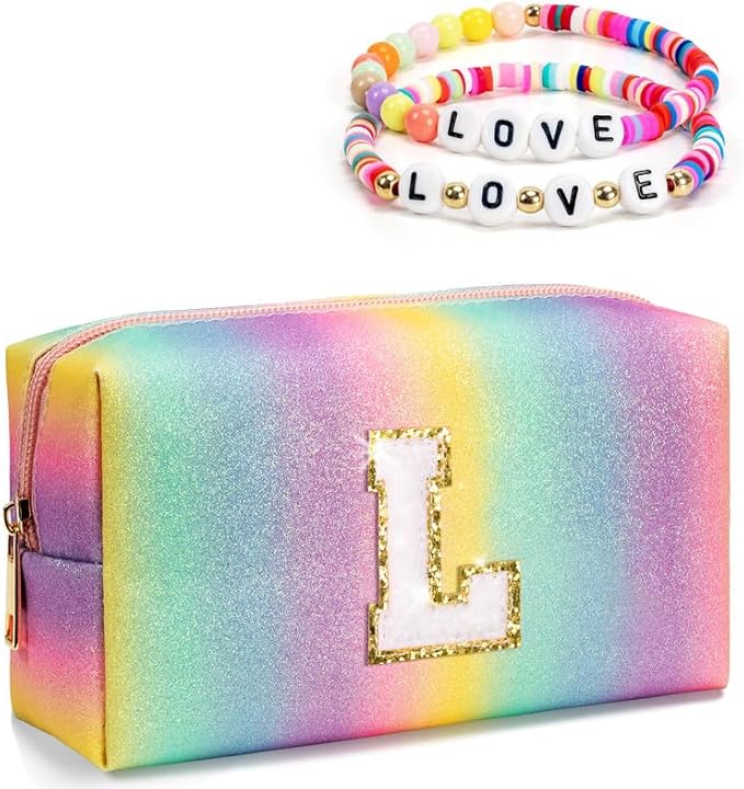 Personalized Birthday Gifts for Girls Women, Makeup Bag with Monogram Letter, Preppy Cosmetic Travel Bag, Thank You Teacher Gift Idea, Gifts for Friends Sister, Cute Stuff for Kids (Small)