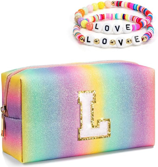 Personalized Birthday Gifts for Girls Women, Makeup Bag with Monogram Letter, Preppy Cosmetic Travel Bag, Thank You Teacher Gift Idea, Gifts for Friends Sister, Cute Stuff for Kids (Medium)