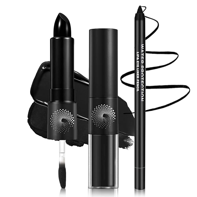 CAHIUYOA Black Matte Lipstick Lip Liner Set,Double Head Liquid Lipstick Lip Gloss Long Lasting Smudge Proof Black Lip Liner and Lipstick Set for Halloween Goth Cosplay Makeup