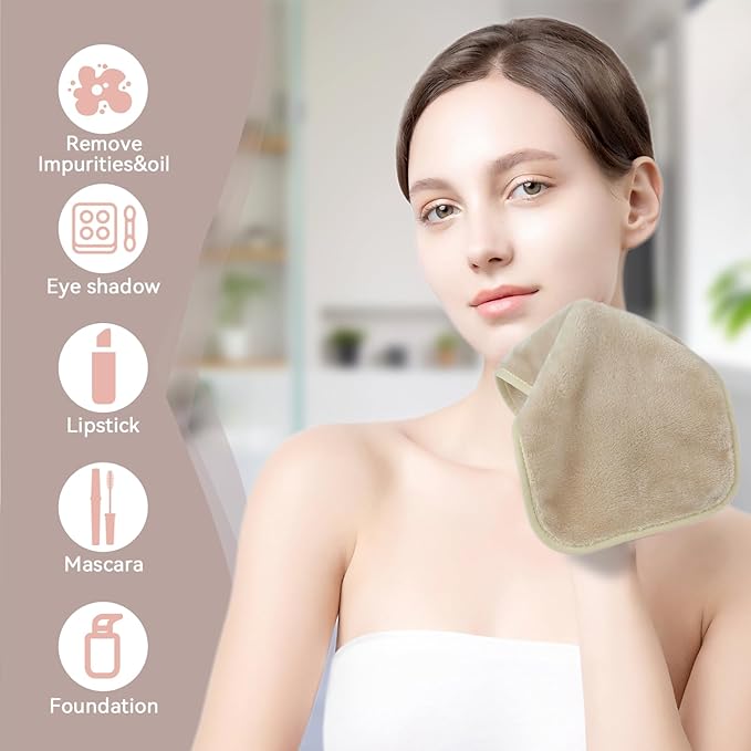 Nugilla Makeup Remover Cloths, 8 Packs Makeup Remover Towels Reusable Face Wash Cloth, Soft Makeup Remover Microfiber Face Cloth for Women(Beige)