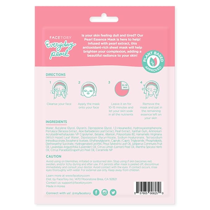 FACETORY K Beauty Face Mask Skin Care - Everyday PEARL Brightening Sheet Mask | Plant-Based with Pearl Essence (10 Pack)