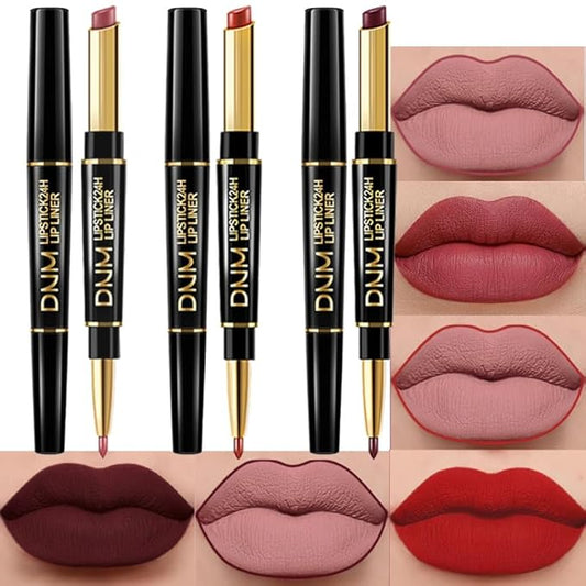 BINGBRUSH 3Pcs Double Ended Mauve Ruby Deep Red Matte Lip Liner and Lipstick Makeup Combo Set for Women, Lipliner 24 Hours Original Waterproof Long Lasting Lip Stains Pencil Kit Set