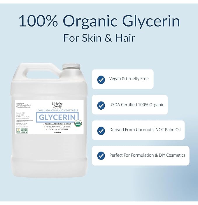100% Organic Glycerin - Bulk 1 Gallon - For Skin & Hair - Food Grade - USDA Certified - Not From Palm Oil - Perfect Skin and Hair Moisturizer