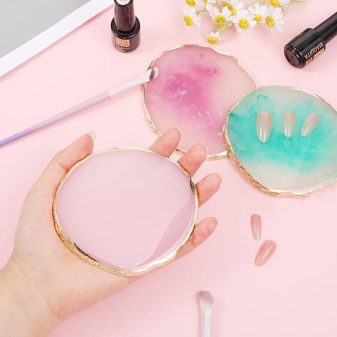 3 Pcs Resin Nail Art Palette, Nail Painting Mixed Color Palettes, Gold Edge Nails Holder Display Board, Nails Gel Color Makeup Display Board Pallet(Green, Pink, Purple)