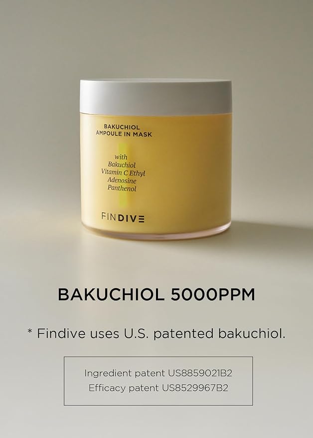 FINDIVE OFFICIAL Bakuchiol Ampoule In Mask, 5,000ppm Bakuchiol, Plan-Based Retinal Alternative, Vitamin C Ethyl, Adenosine, Panthenol, Brightning mask, Anti-aging mask, 6.76fl.oz