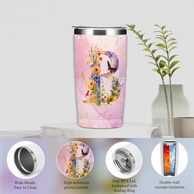 Personalized Gifts Monogrammed Birthday Gifts for Women, Cowerker Mom Boss Day Christmas Initial 20 oz Tumbler, Makeup Bag Cup Ballpoint Pens Journal Notebook 6 Set, (Aesthetic Pink Flower B)